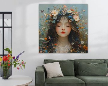 Slapend Meisje met Bloemenkrans van Blikvanger Schilderijen