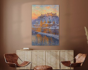 Verschneiter Salzburger Abend - Monet-inspiriertes Alpenstadtbild