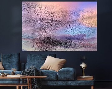 Starling murmuration during sunset at the end of the day by Sjoerd van der Wal Photography