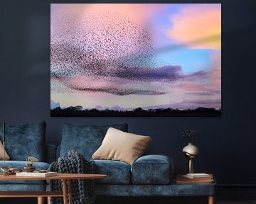 Starling murmuration during sunset at the end of the day by Sjoerd van der Wal Photography