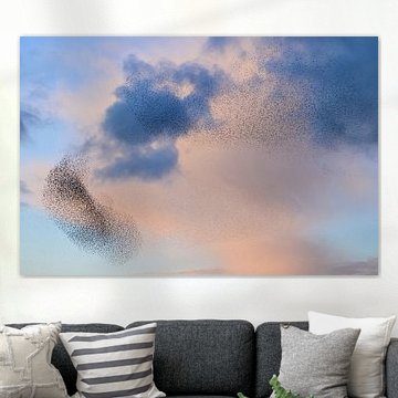 Spreeuwen tijdens zonsondergang aan het eind van de dag van Sjoerd van der Wal Fotografie