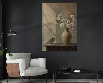 Nature morte avec moineau, peluche de pissenlit et vase en poterie sur Marjolein van Middelkoop