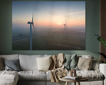 Wind turbines producing sustainable energy during sunrise by Sjoerd van der Wal Photography