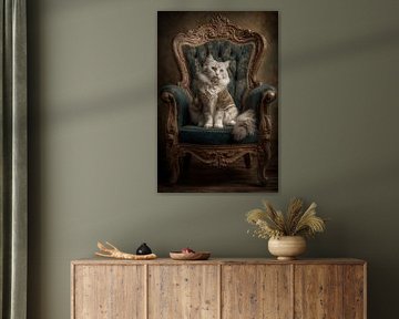Weiße Katze auf Samtthron - Gemälde alter Meister