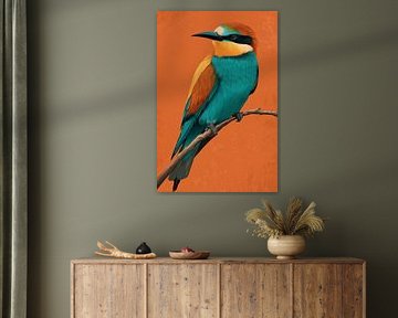 Bird on Branch Tropical Portrait against Orange