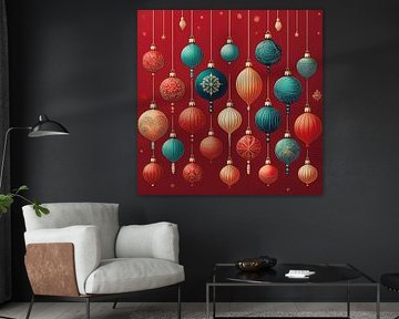 Décorations de Noël colorées sur fond rouge
