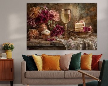 Feestelijk Stilleven - Bloemen en Gebak Elegant Schilderij van Joriali fotografie en schilderijen