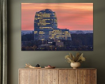 The illuminated DUO building during sunset in Groningen