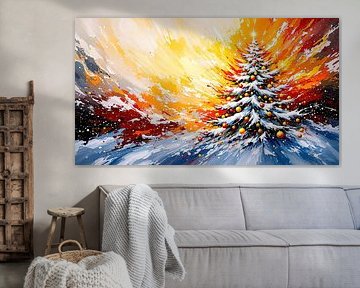 Sapin de Noël lumineux dans un ciel d'hiver : un sapin abstrait aux couleurs explosives sur une colline enneigée, parmi les étoiles scintillantes et les boules flottantes.