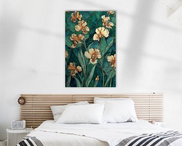 Iris flowers in Golden Lines on Emerald Green