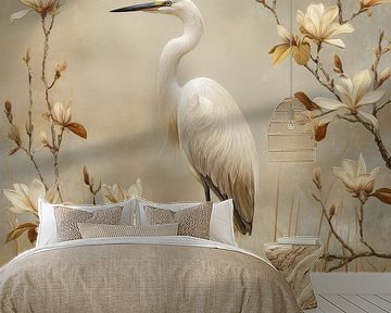 Witte reiger tussen magnolia’s – elegante natuurkunst in zachte beige tinten