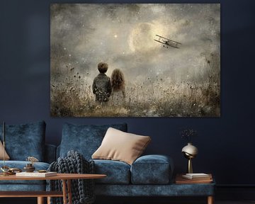 Kinderkamer schilderij - vliegtuig bij maanlicht van Peter Pen tekeningen en schilderijen