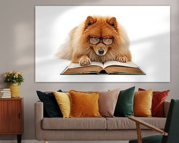 Hund mit Brille liest ein Buch