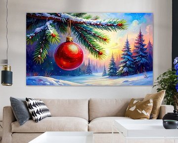 Noël dans le miroir de la boule rouge d'hiver : une scène de forêt silencieuse entre la neige, la branche de sapin et la lueur chaude d'un coucher de soleil hivernal au moment de Noël