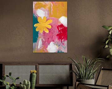 Euphoria - Kleurrijke Abstracte Kunst met Bloem  | Geel, Rood & Roze van Theda Wiebrands
