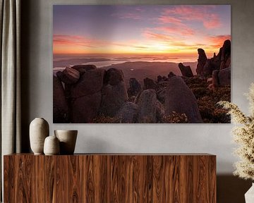 Red glowing sunrise over Mt Wellington near Hobart