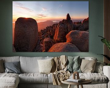 Red glowing sunrise over Mt Wellington near Hobart. View to Kingston.