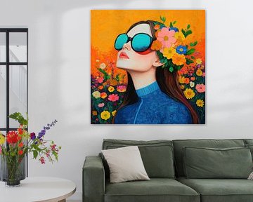 Sonnenbrille Blumen | Frau Orange Blumen von Blickfänger Gemälde