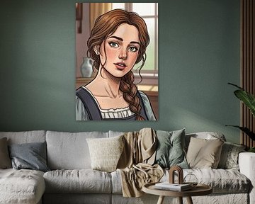 Illustriertes Frauenporträt mit geflochtenem Haar, grünen Augen und Fr von Markus Gann