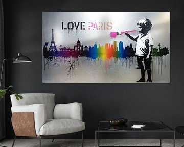 Banksy Hommage Litte Boy Brush Skyline - Love Paris
