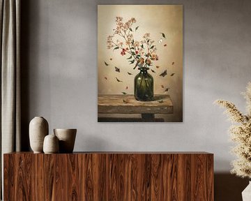 Rotkehlchen auf Vase - Öl-Stillleben