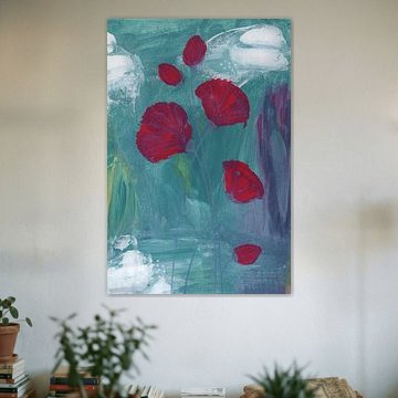 Flourish - Abstrakte Kunst mit roten Blumen auf blaugrünem Hintergrund