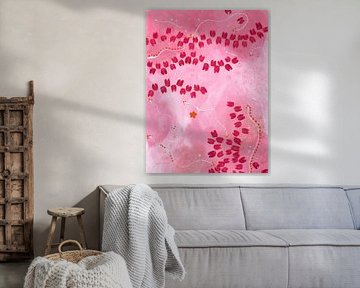 Flow - Peinture abstraite avec guirlandes de fleurs en rose, rouge et orange sur Theda Wiebrands