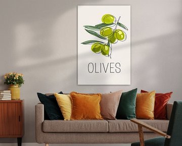 Olives – Moderne Line-Art Illustration von Grünen Oliven von Marian Nieuwenhuis