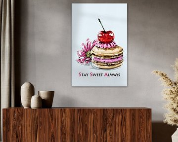 Stay Sweet Always - Illustration de macaron avec cerise et fleur