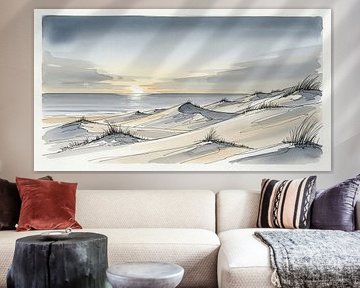 Aquarell-Landschaft mit Sanddünen und Sonnenuntergang am Meer von Markus Gann