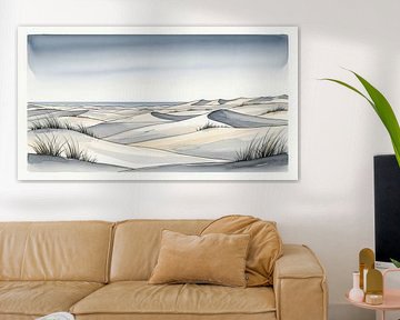 Aquarellmalerei von Sanddünen mit Gras und Meereshorizont von Markus Gann