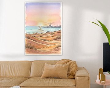Aquarellmalerei von Sanddünen, Meer, Leuchtturm und Sonnenstrahlen von Markus Gann