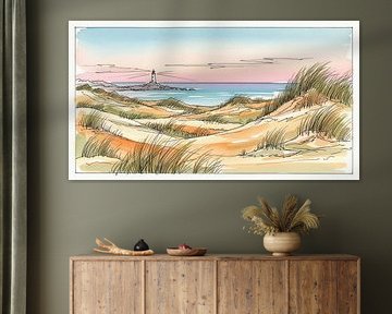 Aquarell-Landschaft mit Sanddünen, Leuchtturm und Meer von Markus Gann