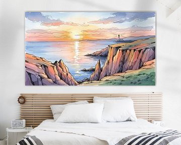 Aquarell Küstenlandschaft mit Leuchtturm und Sonnenuntergang von Markus Gann