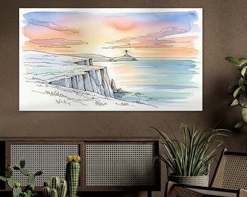 Aquarell Klippenlandschaft mit Leuchtturm bei Sonnenuntergang von Markus Gann