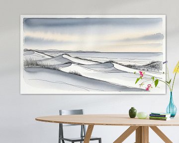 Aquarellmalerei von Sanddünen, Meer und Himmel von Markus Gann