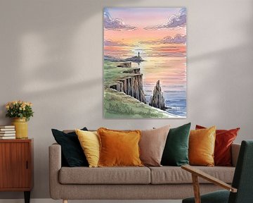 Küstenklippen und Leuchtturm bei Sonnenuntergang Illustration von Markus Gann