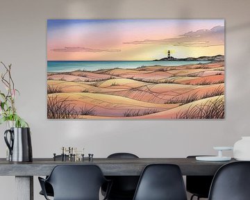 Strand mit Sanddünen und Leuchtturm Aquarell von Markus Gann