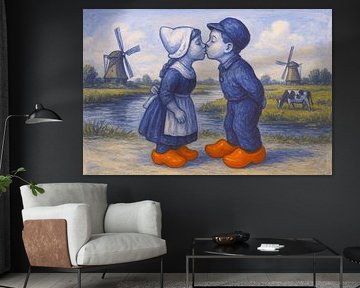 Kiss in Delft Blue painting. by Johannes