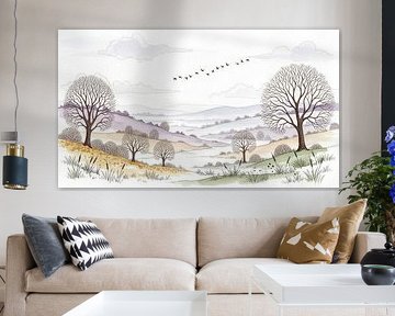 Watercolor Landscape with Hills, Bare Trees, and Birds in Flight by Markus Gann