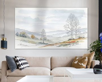 Aquarell-Landschaft mit kahlen Bäumen und sanften Hügeln von Markus Gann