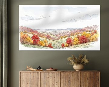 Watercolor Landscape of Autumn Hills with Road and Clouds by Markus Gann