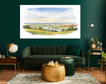 Aquarell-Landschaft mit Fluss und Feldern von Markus Gann