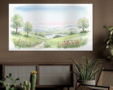 Aquarell-Landschaft mit Weg, See und Hügeln von Markus Gann