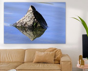 Stein: Verspiegelter dreieckiger Felsen im See