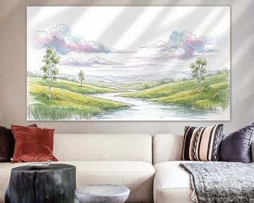 Aquarell Illustration von Fluss durch Hügel Landschaft von Markus Gann
