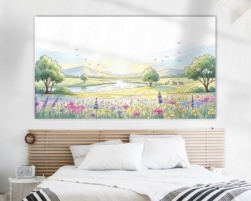 Aquarell-Landschaft mit Fluss, Blumen und Tieren von Markus Gann