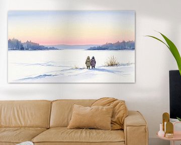 Aquarell von zwei Kindern in einer Winterlandschaft von Markus Gann
