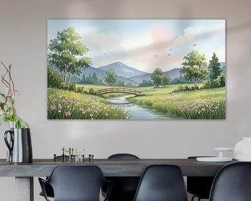 Aquarel schilderij van landschap met beek, brug en berg van Markus Gann