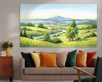 Aquarellmalerei eines Flusstals mit Berg von Markus Gann